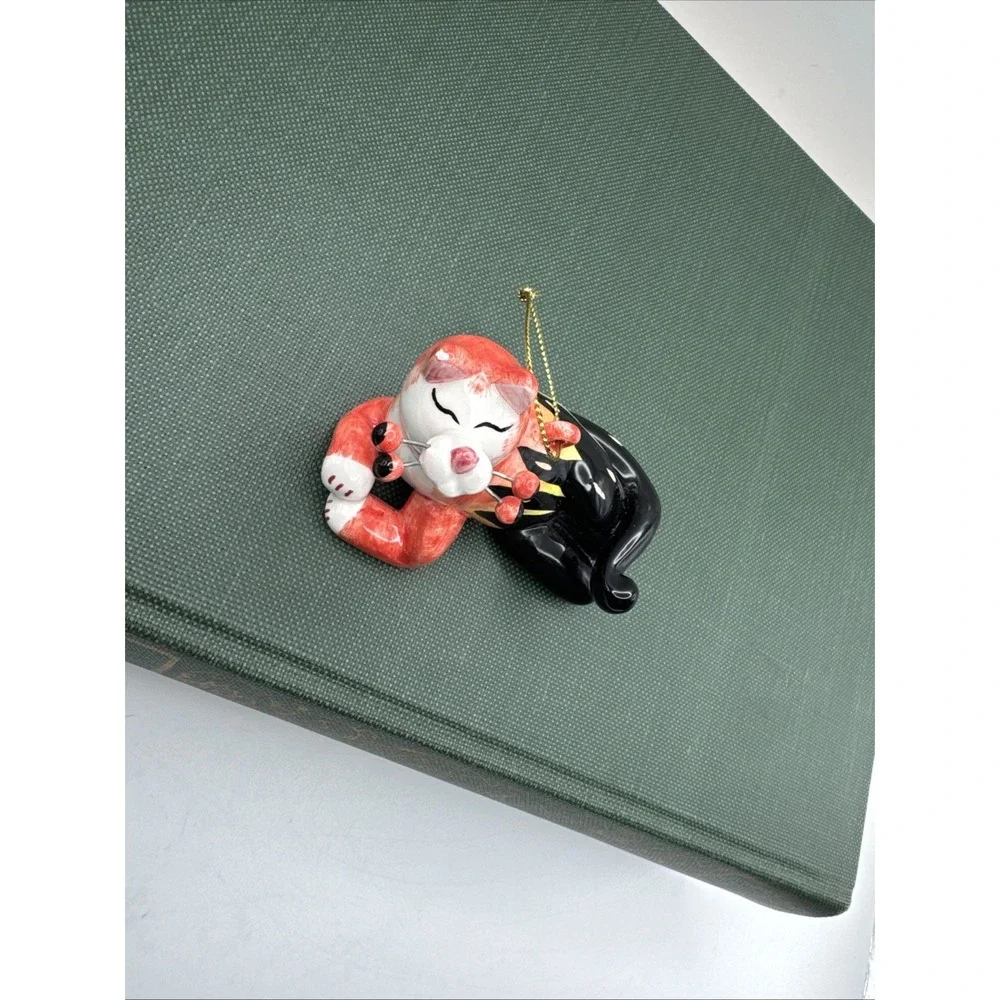 Amy Lacombe Cat Christmas Ornament Whimsiclay Orange Black Calico‎ Stripe Vtg